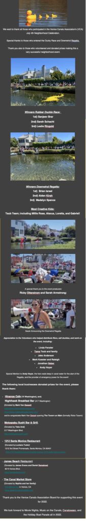 Venice Canals 4th July Event Winners + Donors + Volunteers